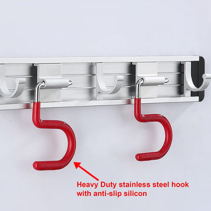 Wall Mounted Mop and Broom Holder Stainless Steel S Type Broom Rack Anti-Slip Mop Organizer (17 Inches,4 Positions 3 Hooks, Red black) (17inch)