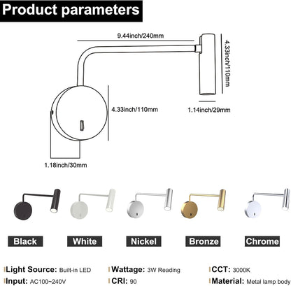 ZEROUNO Wall Mounted Reading Light for Bedroom LED Hardwired Sconce with Switch on/Off Modern 3000K Swing Arm Bedside Wall Mount Lamp (Black)