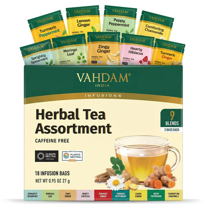 VAHDAM, Assorted Herbal Tea Sampler (18 Tea Bags, 9 Flavors) Caffeine-Free, Non-GMO | Double Infusion, Individually Enveloped Tea Bags | Herbal Tea Assortmen