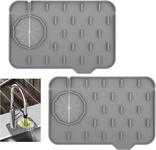 2Pcs Silicone Sink Faucet Splash Guard Mat, Soap Dish Pad Faucet Handle Drip Catch Sponge Holder Sink Protector Tray with Outlet & Slope for Bathroom Kitchen Countertop RV Gadget 8.3 x 5.3 Inch