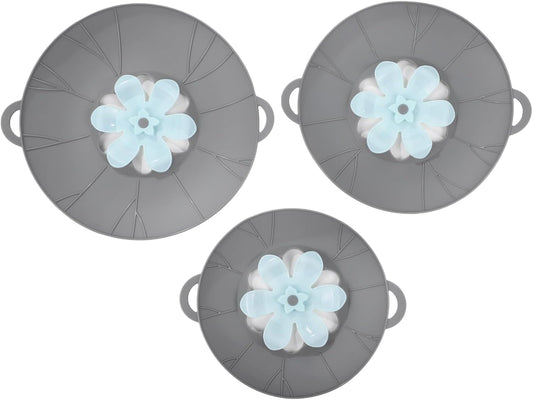 3 Pcs Silicone Spill Stopper Lids, 3 Sizes Splatter Covers, Reusable Lids with Flower Vent, Universal Pot Covers, Boil-Over Protectors, Safe for Microwave, Oven, Stovetop, Dishwasher