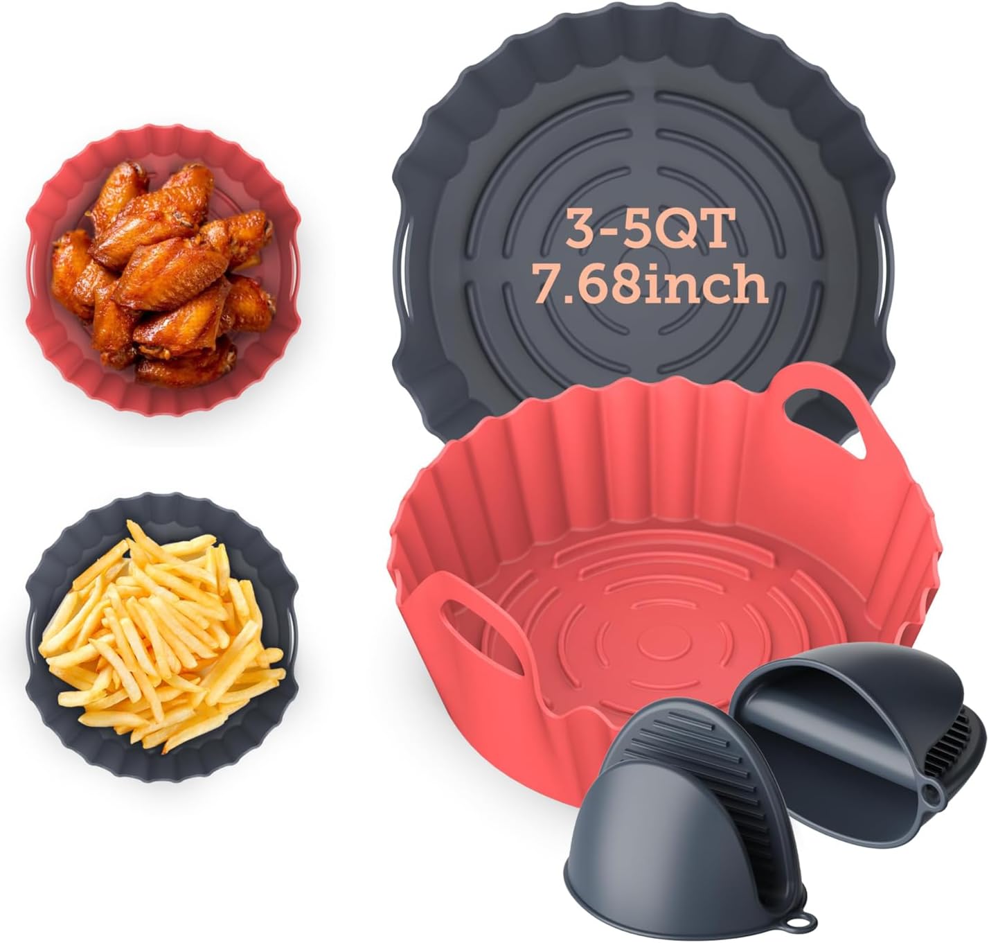 Cosori Air Fryer Silicone Liners for 3-5 Qt, Foldable 7.6 Inch Reusable Basket, Certified Food Grade Accessories, Resistant up to 450°F, Thickened & Durable, Non-stick Dishwasher Safe, Gloves, 2 Pcs