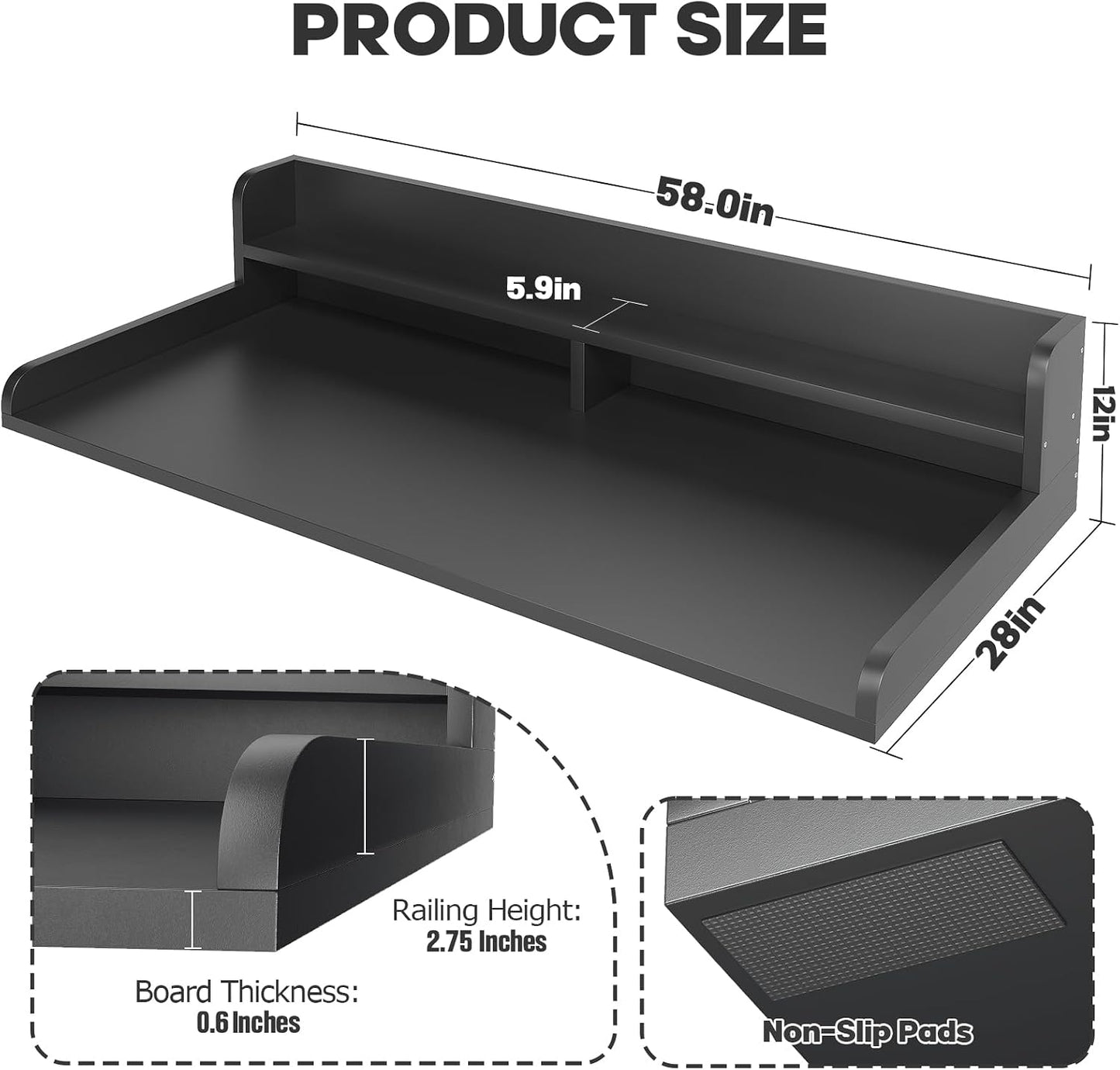 2-Tier Washer Dryer Countertop with 2.75" H Edge Rails, 54" W x 27.55" D Laundry Countertop for Folding Clothes, Washer and Dryer Topper with Non-Slip Pad (Dark Walnut)