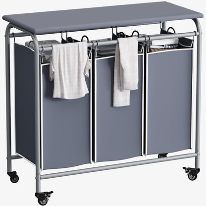 LINZINAR 3 Section Laundry Hamper, Black Laundry Basket 135L Laundry Sorter | Laundry Room Organization with Heavy Duty Rolling Lockable Wheels and Removable Bag, Bedroom Laundry Cart for Clothes Storage