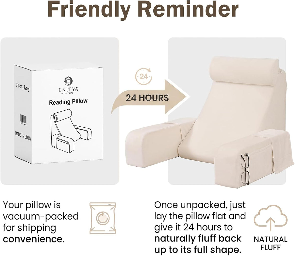 ENITYA 21" Reading Pillow for Bed with Firm Back Support & Big Pockets
