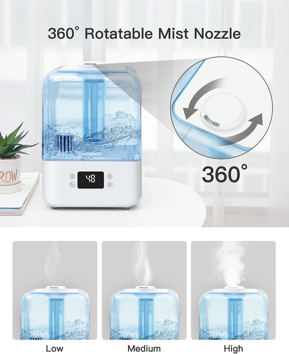 MORENTO 4.5L Top Fill Cool Mist Humidifier for Bedroom, Large Room, Home with 360 Nozzle, Auto Shut-Off, Humidity Setting, 50Hrs Runtime, Night Light, White