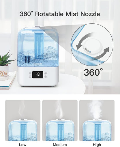 MORENTO 4.5L Top Fill Cool Mist Humidifier for Bedroom, Large Room, Home with 360 Nozzle, Auto Shut-Off, Humidity Setting, 50Hrs Runtime, Night Light, White