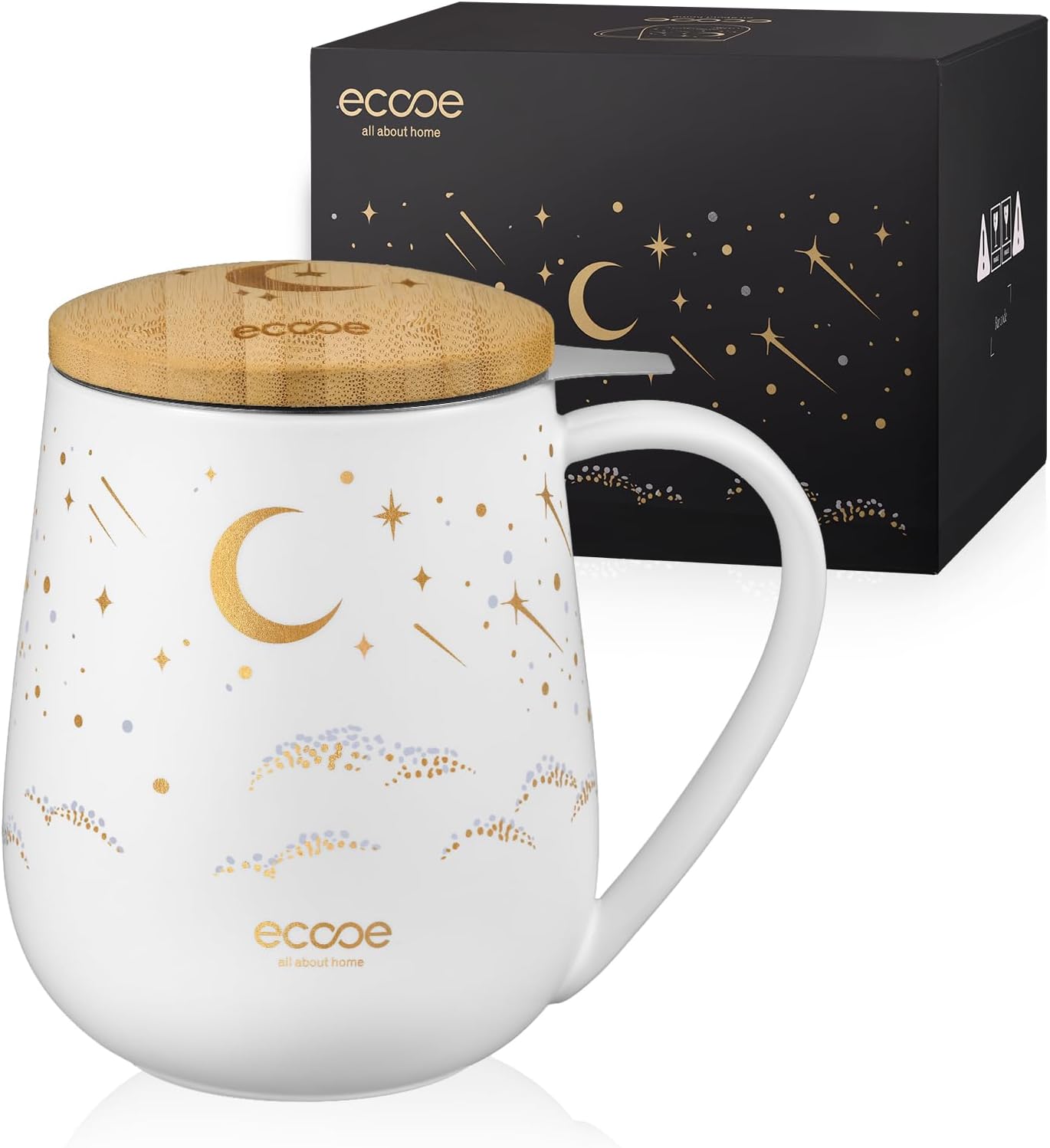 ecooe Tea Infuser Mug 20.3oz Ceramic Tea Cup with Removable Stainless Steel Infuser and Lid, 600ml Tea Mug for Loose Leaf Tea Coffee Milk, Gifts for Women Parents Friends Office Home (Black)
