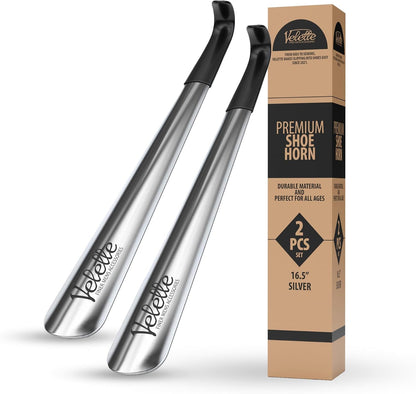 Metal Shoe Horn Long Handle for Seniors - Stainless Steel 2 Pack | 16.5 in + 7.5 in Travel Size, Shoehorn Fits Boots Sneakers Dress, Men Women Kids Elderly, Calzador de Zapatos, Helper Tool