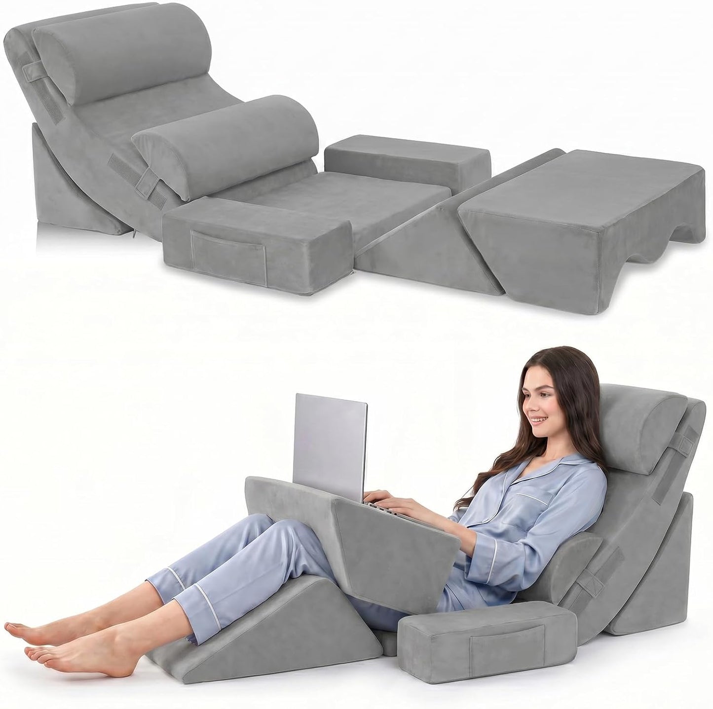 5PCS Wedge Pillow Set for After Surgery, Adjustable Orthopedic Foam Bed Wedge Pillow for Acid Reflux, GERD & Heartburn Relief, Back & Leg Elevation Support for Sleeping & Sitting Up, White Grey
