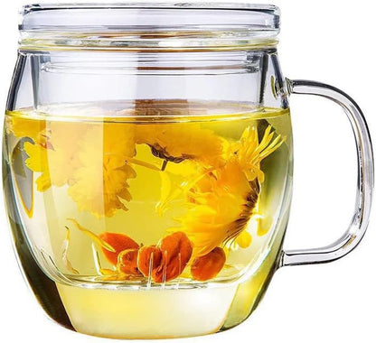 Glass Tea Cup with Infuser and Lid, 17 oz Clear Loose Leaf Tea Infuser Mug | Borosilicate Glass Tea Infuser for Black Tea, Teacup or Tea Steeper with Strainer for Brewing, Gift for Women and Tea Lovers