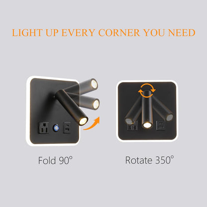 LED Headboard Reading Lamp, Dimmable Wall Sconce with USB-A/USB-C, White | Separate reading and ambient backlight controls, memory dimmer, adjustable angles, plug-in/hardwired, bedroom, bedside, hotel