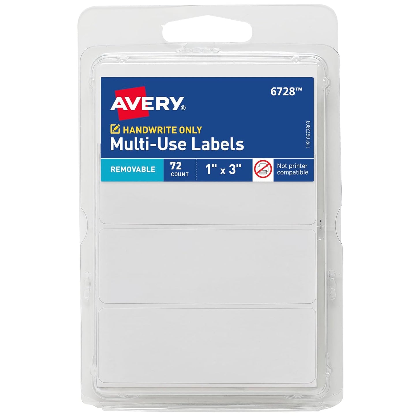 Avery® Multi-Use Removable Labels, 1" x 3", White, Non-Printable, 72 Blank Labels Total (6728)