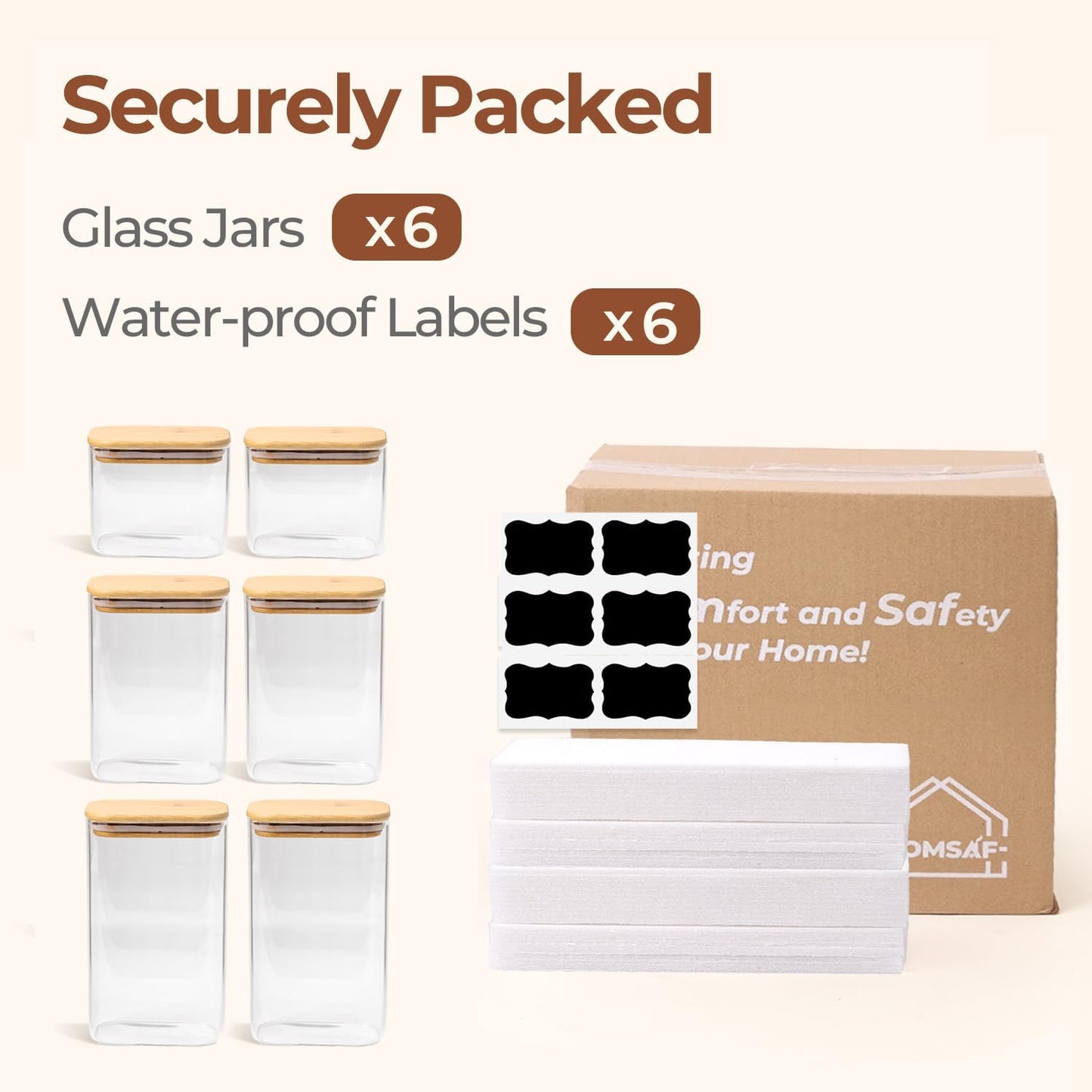 ComSaf Spice Jars 8oz Set of 6, Small Seasoning Containers with 9 Labels | Small Glass Jars With Labels, Empty Rectangle Canisters, Spice Rack Organization, Loose Tea, Herb, Powder, Dry Good, BPA Free
