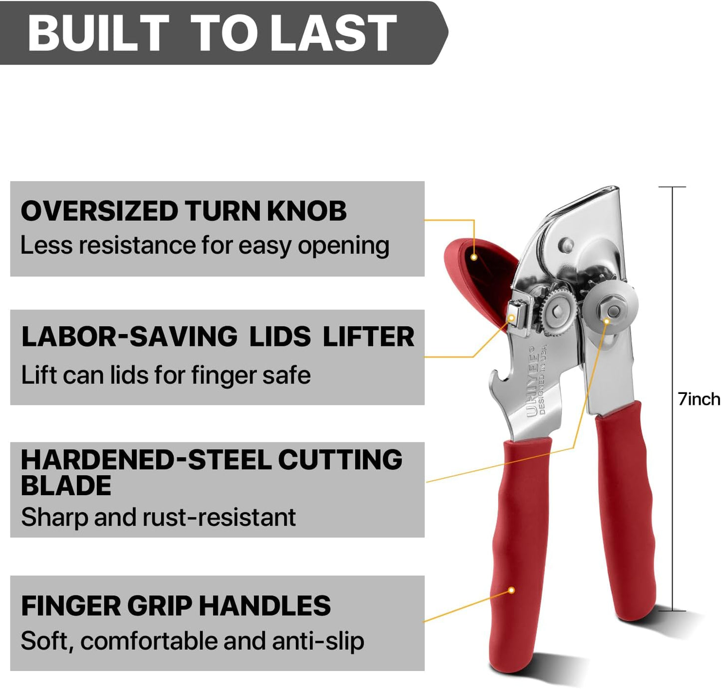 UHIYEE Heavy Duty Hand Can Opener with Comfortable Grip for Seniors, Black | Manual Can Opener, Hardened Steel Blade, Rubber-Coated Handle, Oversize Knob, Built-in Magnet & Bottle Opener