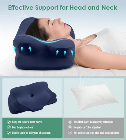 DONAMA Contour Cervical Neck Pillow for Neck Pain Relief | Queen,Ergonomic Dual-Height,Odorless Memory Foam,Side/Back/Stomach Sleepers,Cooling Hypoallergenic Cover,OEKO-TEX Certified