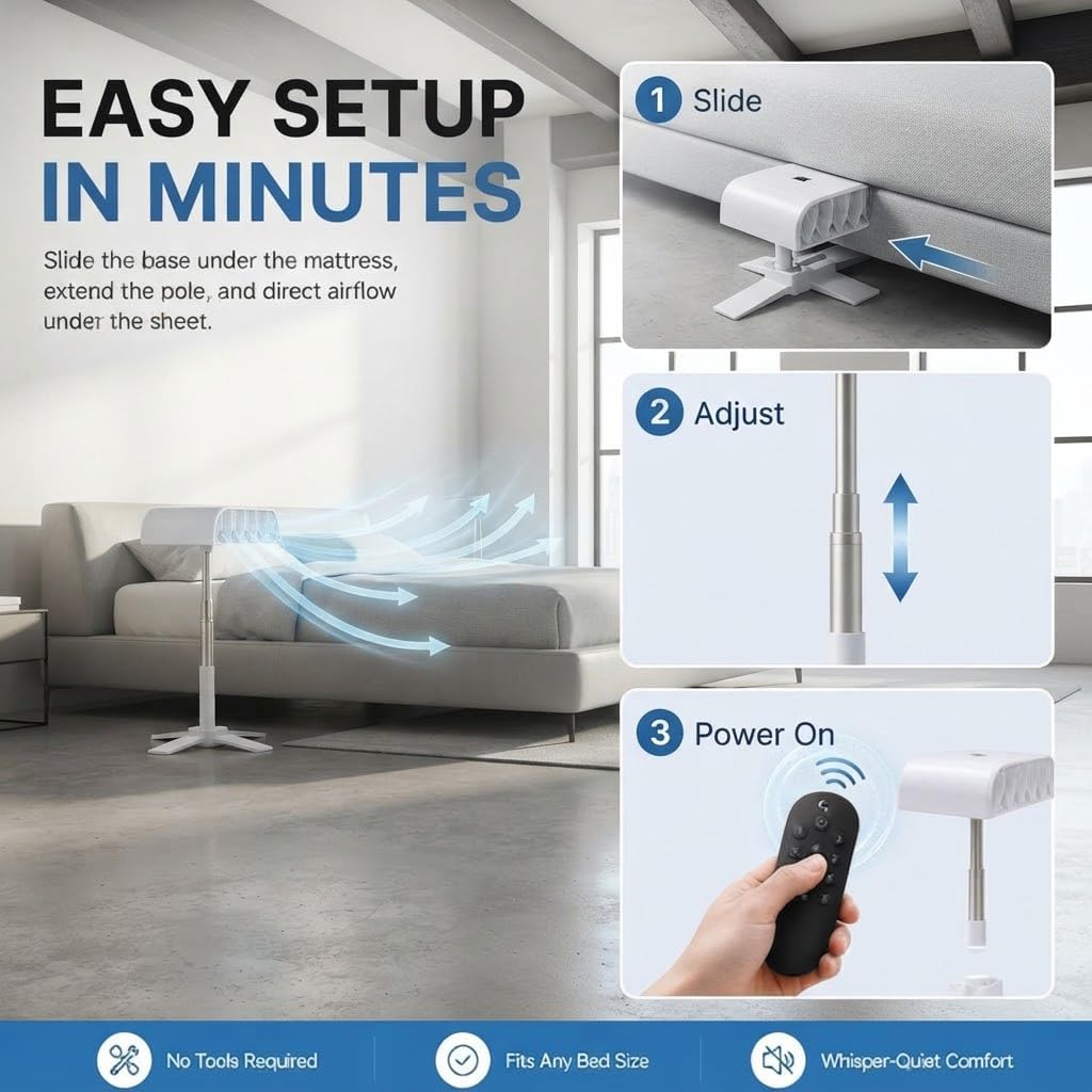 Bed Fan Under Sheets, Quiet Cooling Bed Fan with Remote Control (white,2pcs)