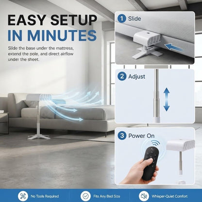 Bed Fan Under Sheets, Quiet Cooling Bed Fan with Remote Control (white,2pcs)