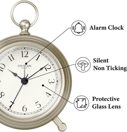5.4" Jensen Pocket Watch Analog Alarm Clock,Morning Silver | Silent Non Ticking,Durable Metal,Loud Desk & Shelf Alarm Clocks for Bedroom,Home Office, Mantel & Living Room