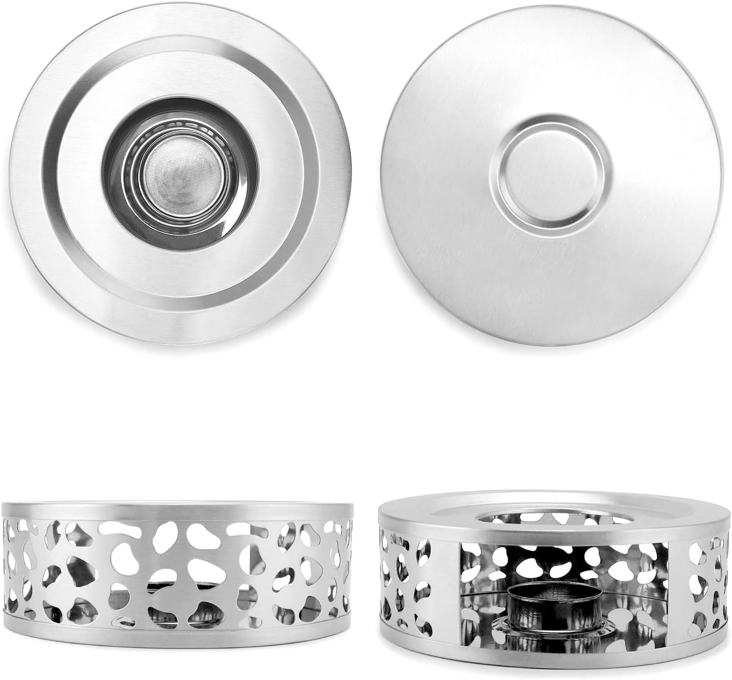 QWORK Tea Kettle Warmer, 2 Pack Brushed Stainless Steel Tea Kettle, Hollow Frame, with Tea Candle Holder, Fits Most Teapots, Silver