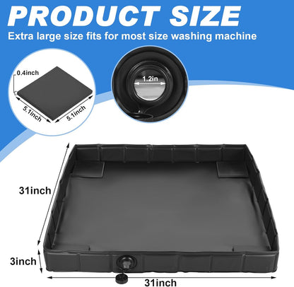31 x 31 x 3 Inch Foldable Washing Machine Pan Washer Drain Pan with Drain Hole and 4 Pcs Mat, Non Slip Leak Proof Anti Vibration Waterproof Drip Tray for Washer Dryer Floor Protection