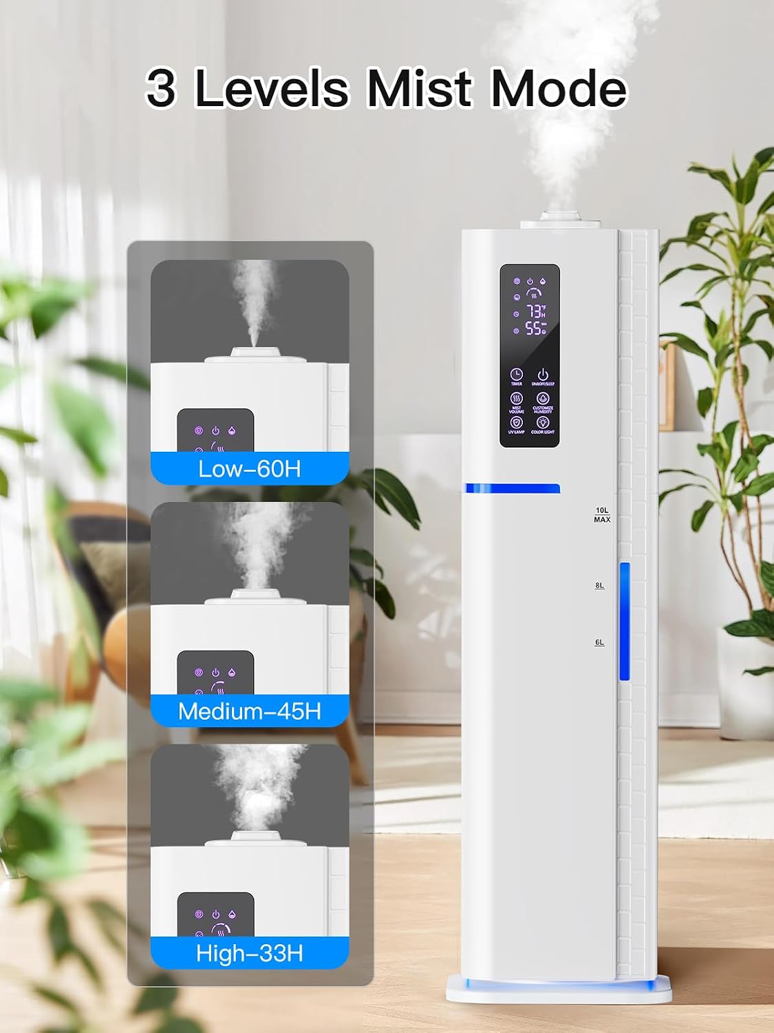 10L/2.64Gal Humidifier, Top Fill Quiet Ultrasonic Cool Mist Humidifiers for Bedroom, Covers 550ft², 60H Runtime, 24H Timer, 3 Mist Modes Humidifier Large Room, Home, Office, Plants, Black