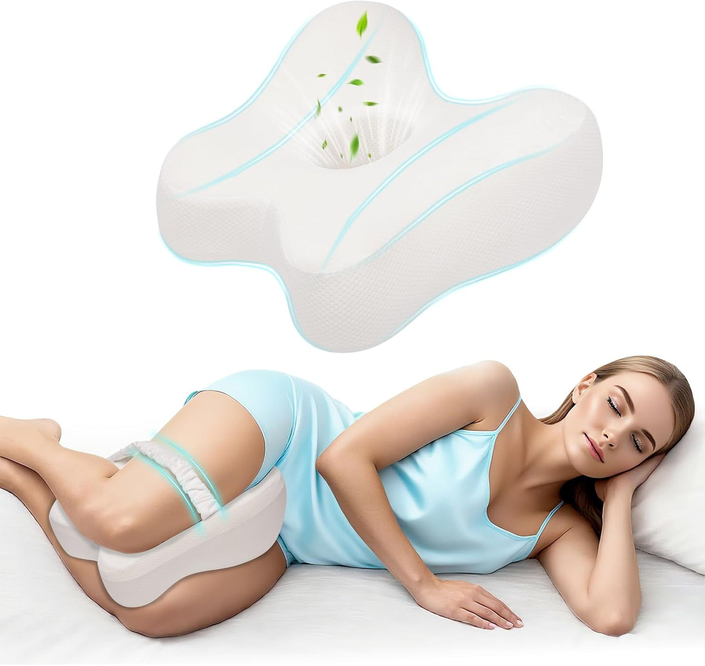 Knee Pillow for Side Sleepers Memory Foam Sciatica Pain Relief Leg Pillow, Removable Breathable Cover & Elastic Strap Grey
