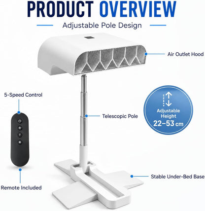 Bed Fan Under Sheets, Rechargeable Bed Cooling System With 5 Speeds Remote Control, Adjustable Height Mattress Fan For Under Blanket, Quiet Cordless Airflow For Hot Sleepers