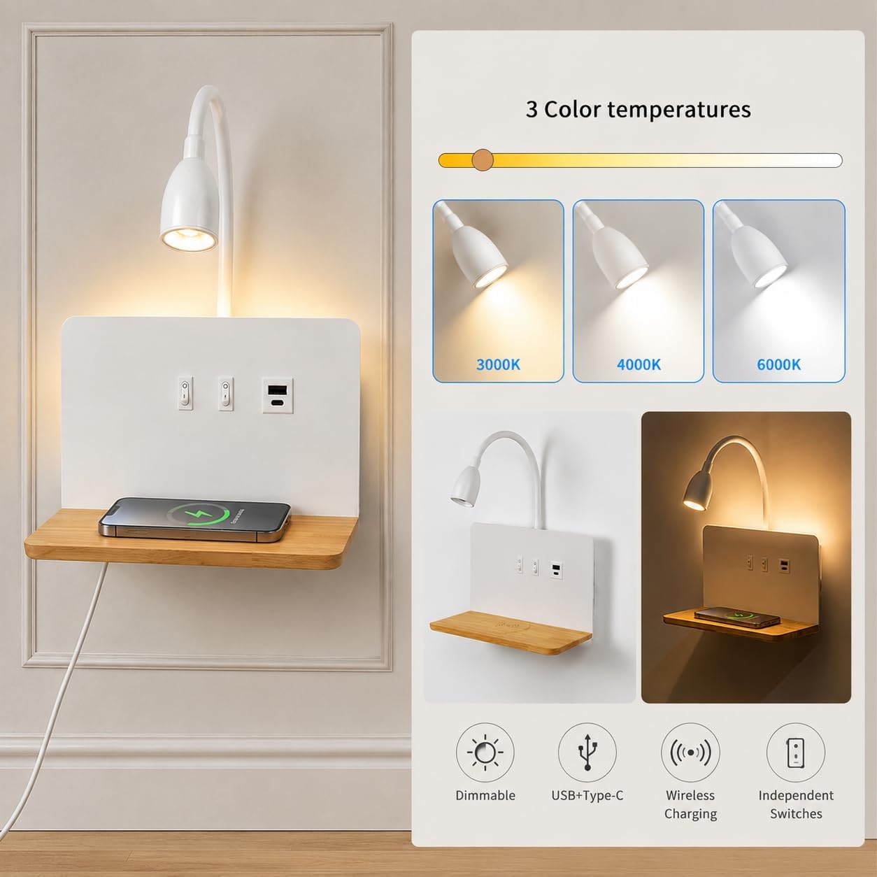 Bedside Wall Sconce with Wireless Charging Station & USB Charging, 3 Adjustable Color Temperatures LED Reading Light, 3000K Warm Ambient lighting Wall Mounted Sconce for Bedroom, Plug-in or Hardwired