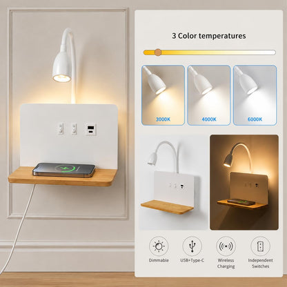 Bedside Wall Sconce with Wireless Charging Station & USB Charging, 3 Adjustable Color Temperatures LED Reading Light, 3000K Warm Ambient lighting Wall Mounted Sconce for Bedroom, Plug-in or Hardwired