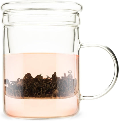Pinky Up Blake Tea Infuser Mug with Lid, Glass Cups for Loose Leaf or Flowering Teas, Travel Mugs, Home Office, Picnic, Camping, 12 oz Set of 1, Clear