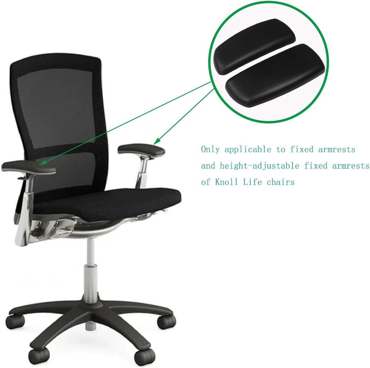 Armrest Pads for Knoll Life Chair Fixed and Height Adjustable Only Not Compatible with 4D High Performance Models Replacement Armrest Cushions Black (Pair)