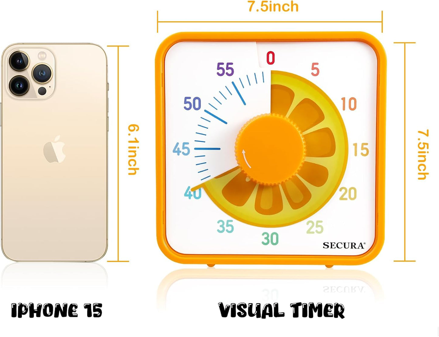 Secura 7.5-Inch Fruit Visual Timer for Kids, 60-Minute Countdown Timer for Classroom or Kitchen, Durable Mechanical Timer Clock with Magnetic Backing (Orange)