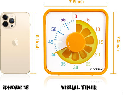 Secura 7.5-Inch Fruit Visual Timer for Kids, 60-Minute Countdown Timer for Classroom or Kitchen, Durable Mechanical Timer Clock with Magnetic Backing (Orange)