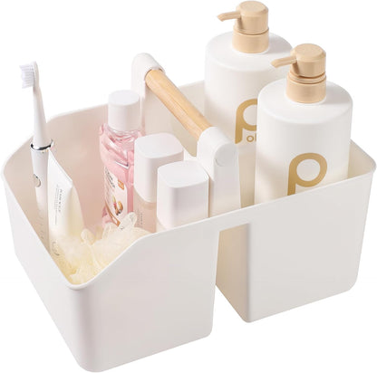 rejomiik Plastic Shower Caddy, Portable Basket with Bamboo Handle, White | Cleaning Caddy Organizer Tote for Bathroom, College Dorm Essentials, Bath Toy Storage, Cleaning Supplies