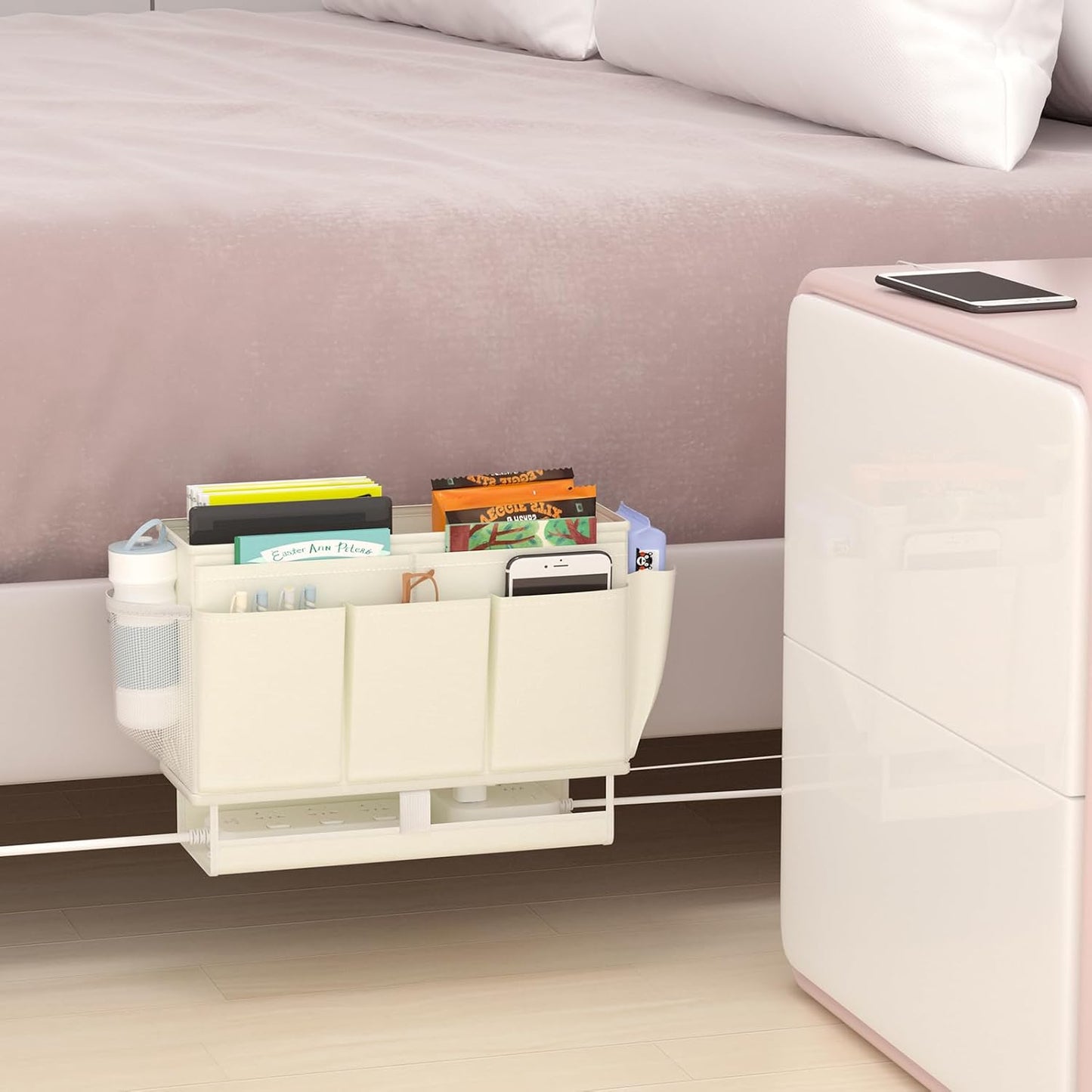 Bedside Caddy Bedside Organizer,Bed Caddy with 11 Pockets and Power Strip Holder,Versatile Bedside Storage Caddy for Home,Dorm,Bunk,Hospital,Crib Bed (Pink)