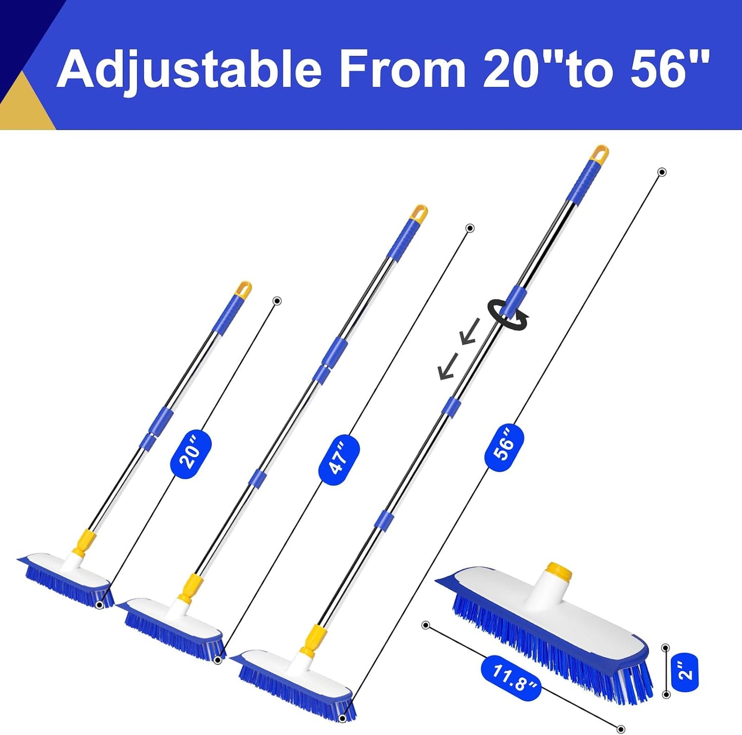 2 Pack Grout Brush with Long Handle, 56.5'' Swivel Grout Cleaning Brush,V-Shape Grout Scrub Brush, Extendable Handle Grout Cleaner Brush for Tile Floors，Bathroom,Baseboard,Shower,Corner