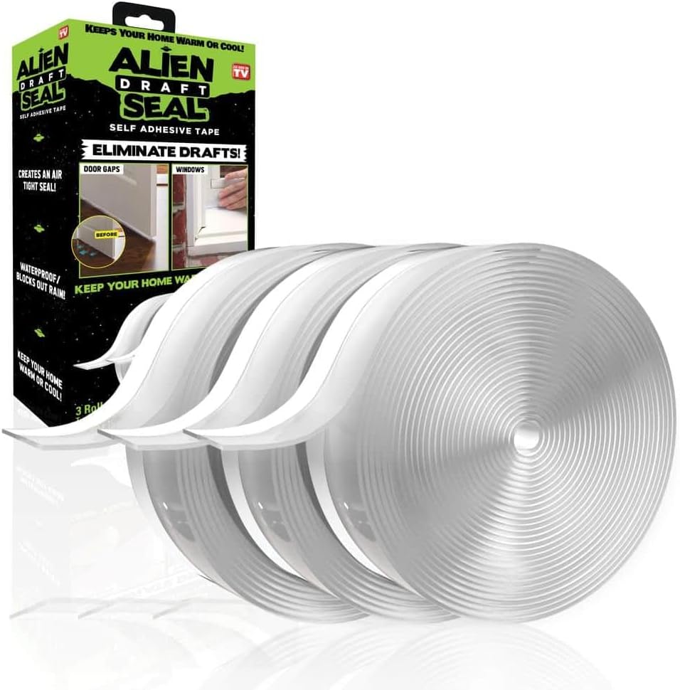 Alien Draft Insulation Tape Transparent Silicone Weather Stripping Door Seal Strip and Under Door Draft Stopper for Windows and Door Bottoms As Seen On TV (20 Feet - 2 Rolls)