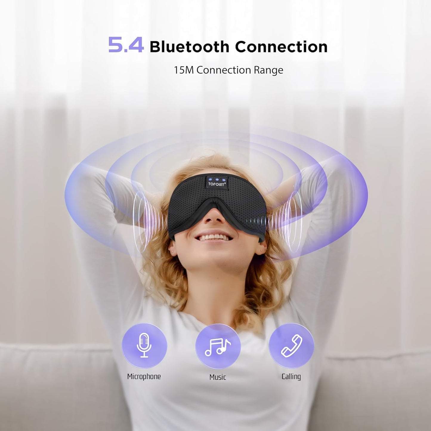 TOPOINT Sleep Mask with Bluetooth Headphones, 3D Eye Mask for Sleep Headphones with White Noise, Total Blackout, 5.4 Bluetooth, Timer, 15 Hours for Women Men, Travel, Meditation, Nap, CPAP Users
