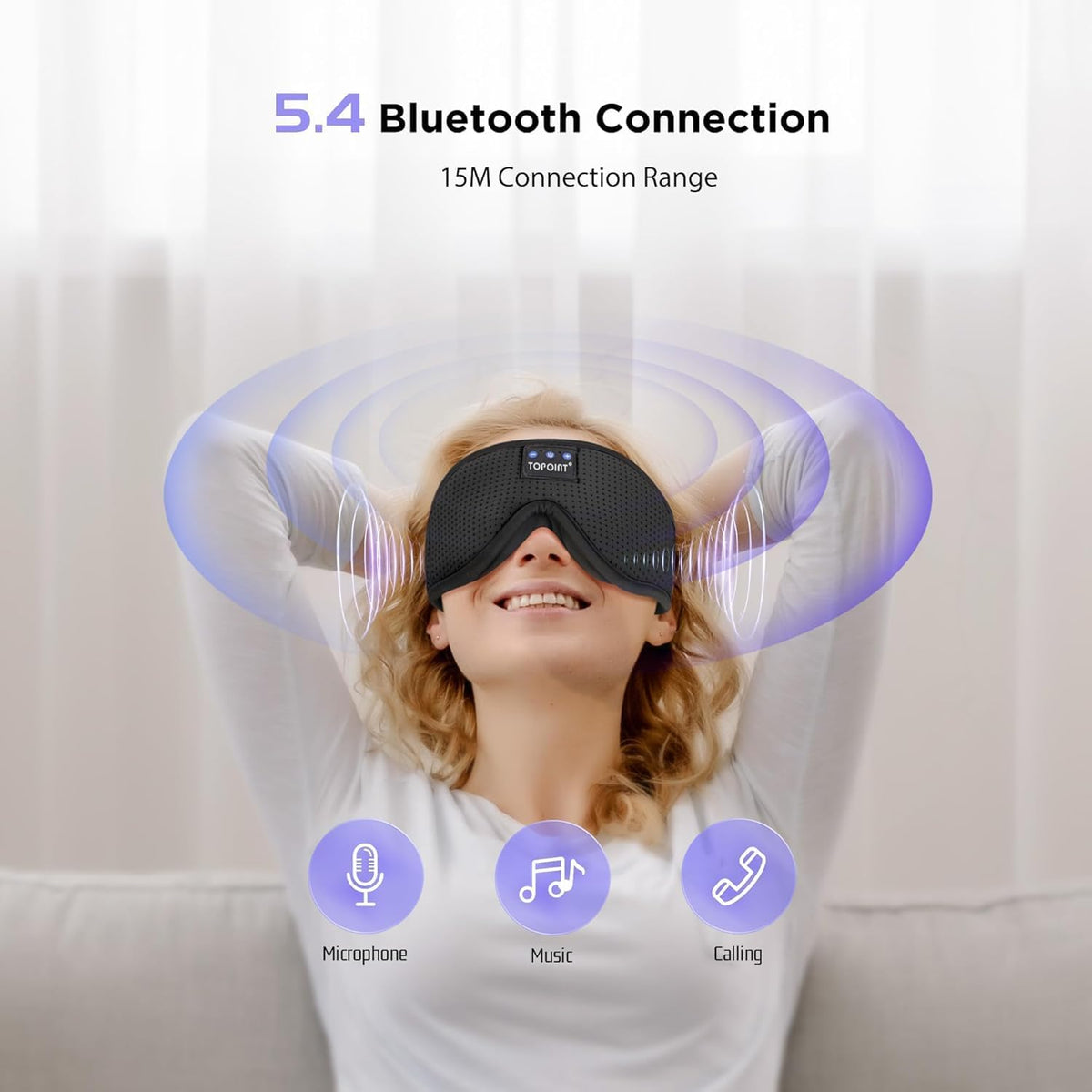 TOPOINT Sleep Mask with Bluetooth Headphones, 3D Eye Mask for Sleep Headphones with White Noise, Total Blackout, 5.4 Bluetooth, Timer, 15 Hours for Women Men, Travel, Meditation, Nap, CPAP Users
