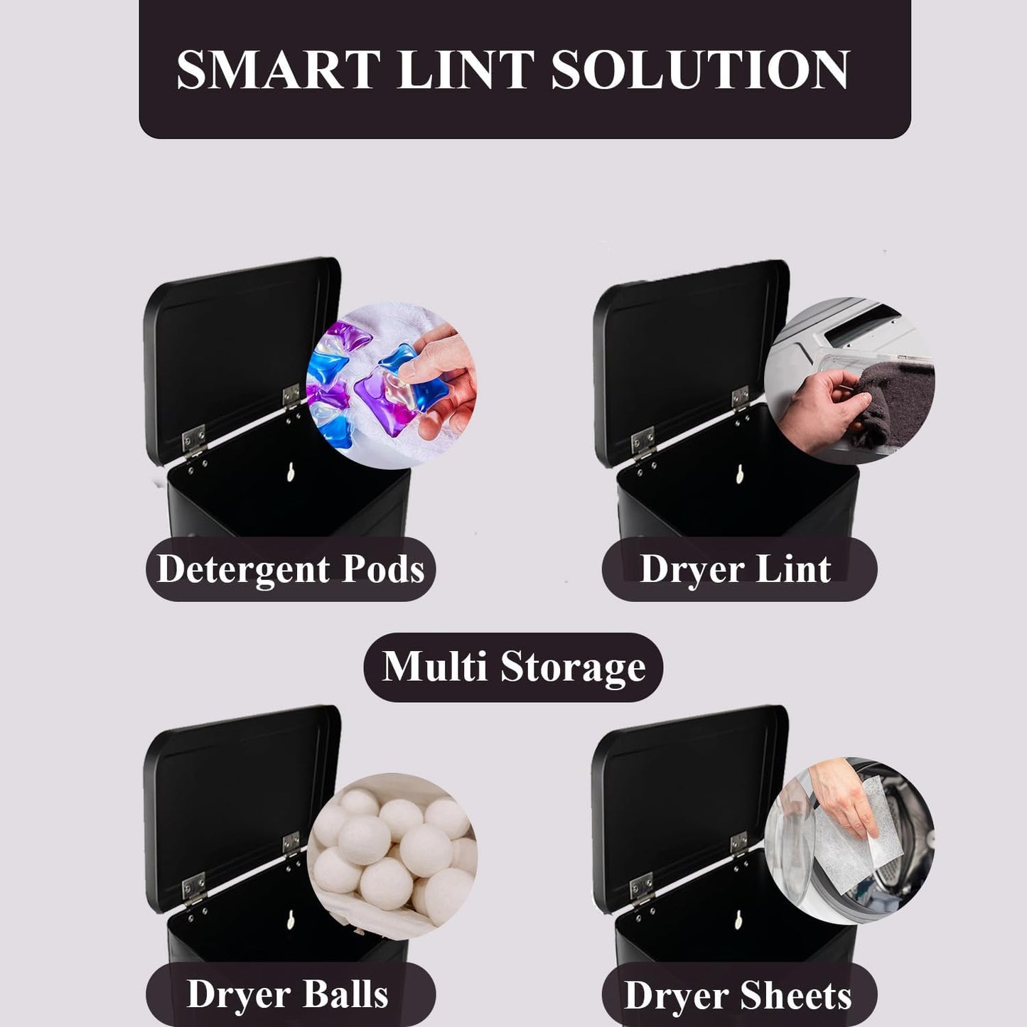 Magnetic Lint Bin with Lint Brush, two white hooks, one black back hook & all accessories for Laundry Room decor, Wall-Mounted Lint Bin with Lid, Powder Coated, Space-Saving Trash Can (Black)