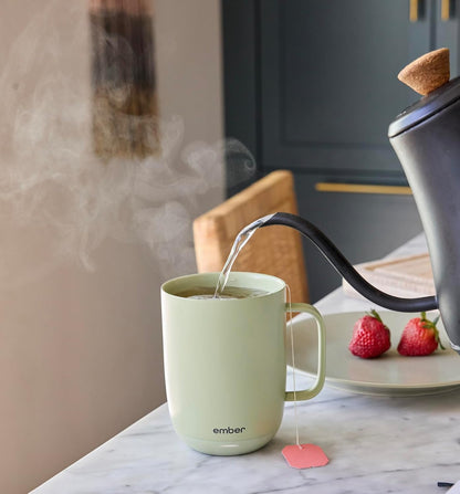 Ember Temperature Control 14oz Smart Mug 2, App-Controlled and Rechargeable Heated Coffee Cup Warmer with Intelligent LED Display, Sage Green.