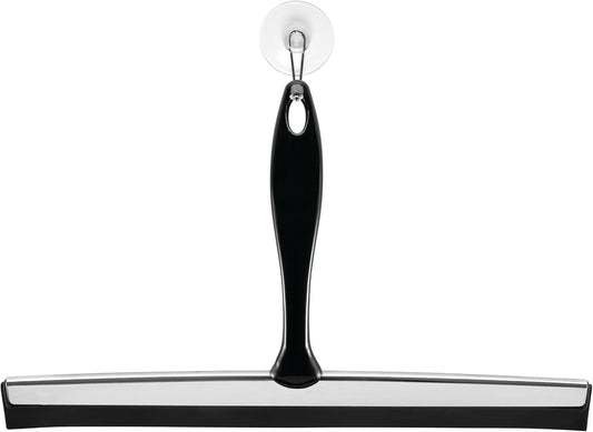 iDesign Zia Metal and Plastic Bathroom Squeegee for Shower, Glass Doors, Floors, Mirrors, with Suction Hook Holder , 12 Inches, Clear and Stainless Steel | Wall Hook Included