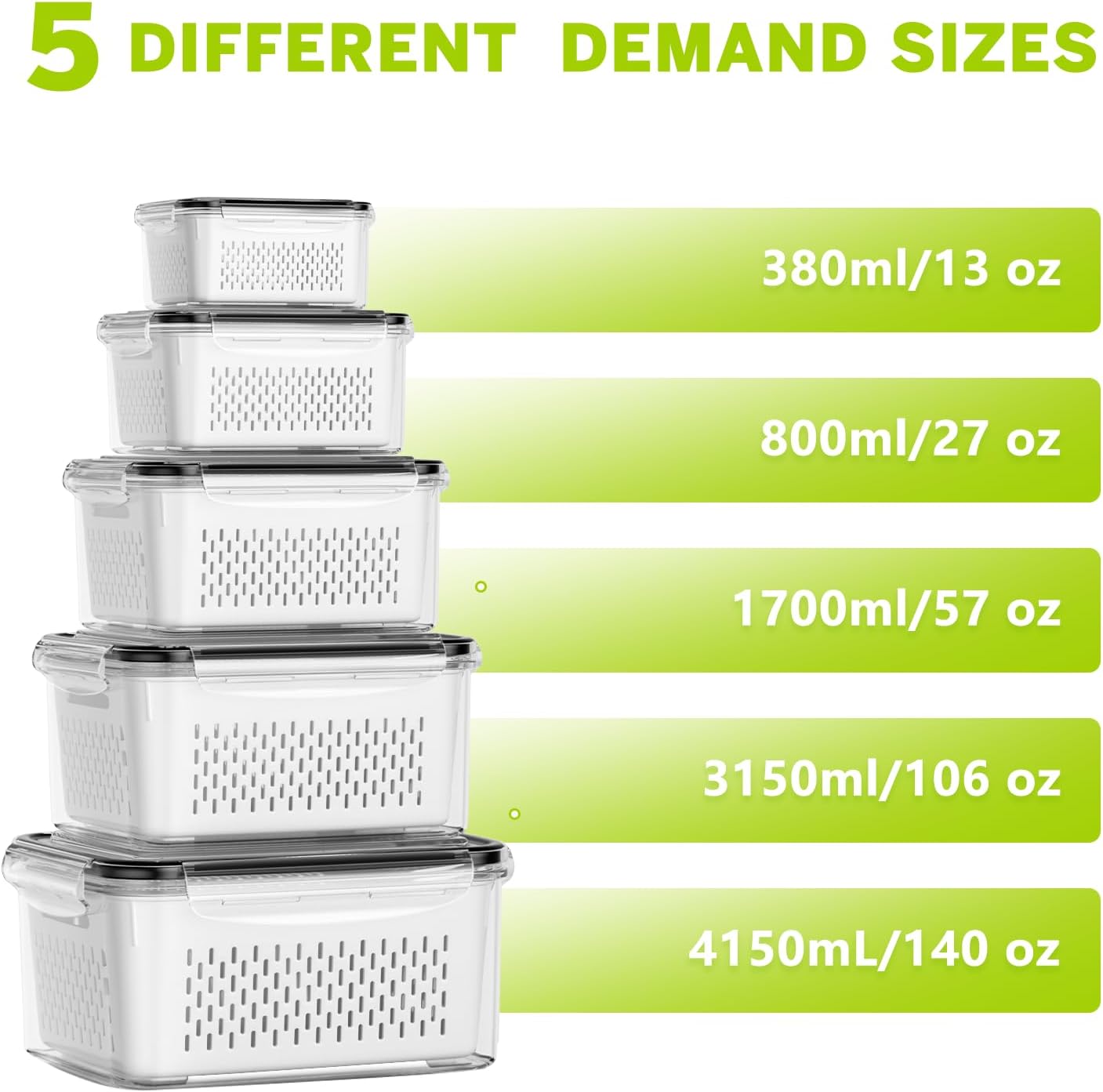 5 Pack Fruit Storage Containers for Fridge, Plastic Fruit Containers Set | with Removable Colanders, Leakproof Fridge Organizers and Storage for Berry Vegetables Salad Lettuce Meat, Dishwasher Safe