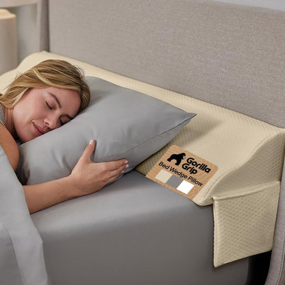 GORILLA GRIP Patented Bed Wedge Pillow for Headboard Gap, Filler Between Mattress Gaps, Comfortable Supportive High Density Cushioned Foam Pillows, Stay in Place Gripping Dots, King Soft Gray