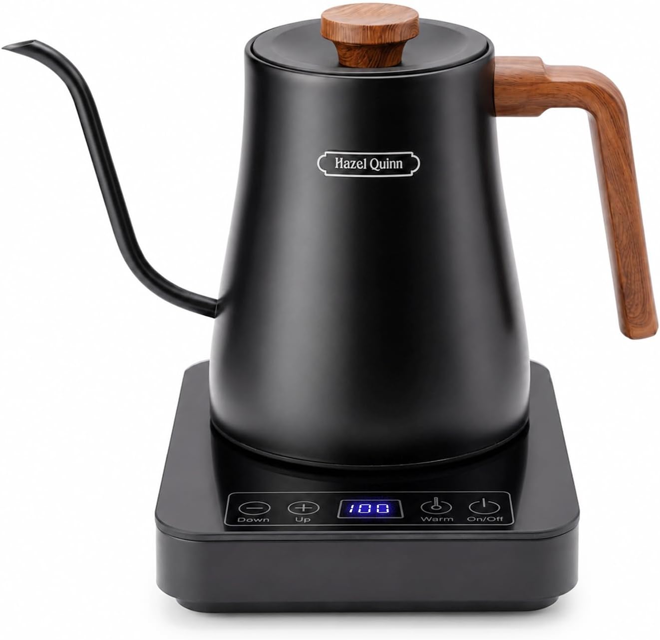 Hazel Quinn Gooseneck Electric Kettle 0.8 L, Temp Control, Keep Warm, Black | 304 stainless steel, 0.8L, 1000W fast boil, precise temp control, 4-hour keep warm; ideal for coffee, tea and home baristas