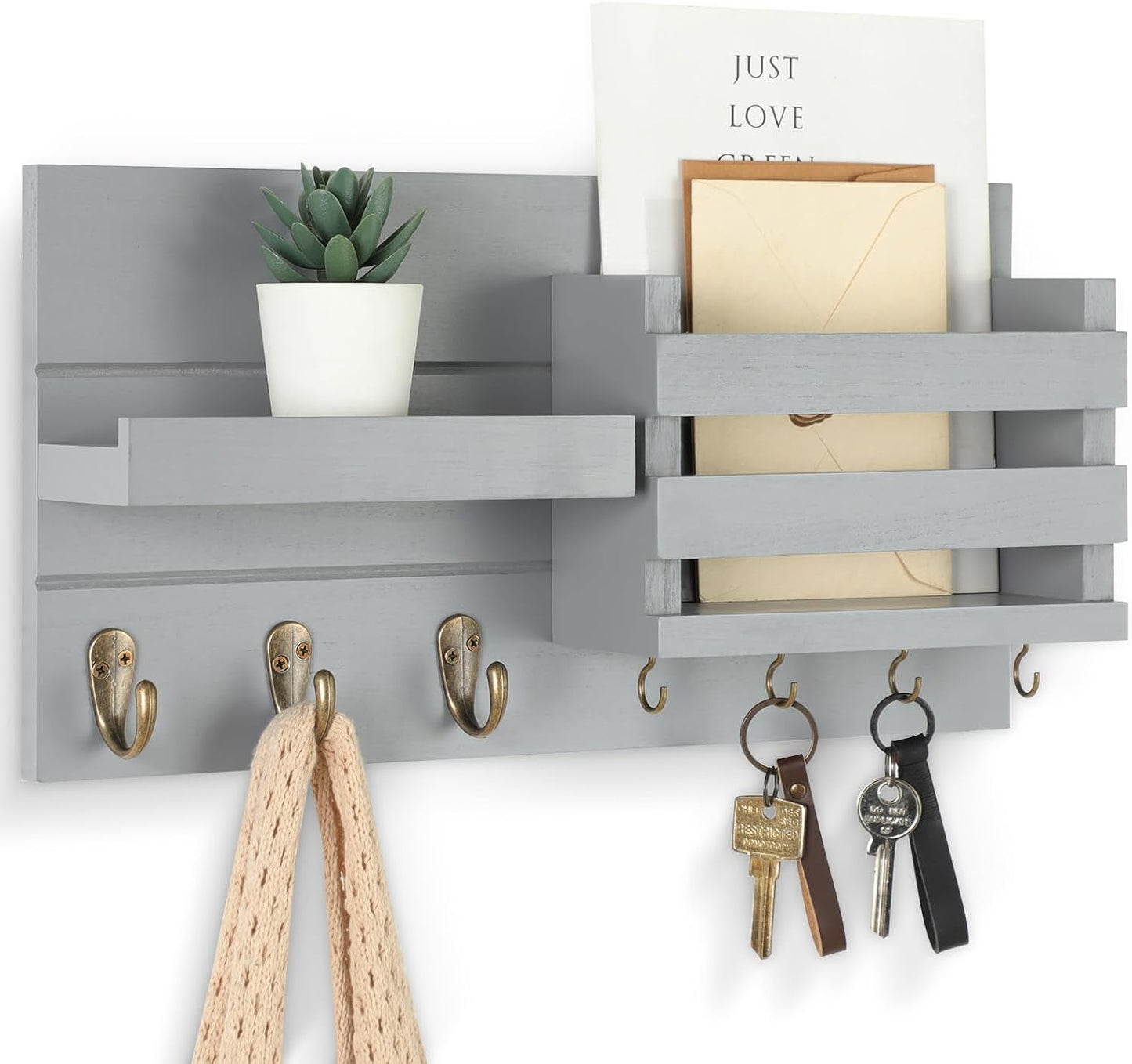 Lwenki Mail Organizer for Wall Mount – Key Holder with Shelf Includes Letter Holder and Hooks for Coats, Dog Leashes – Rustic Wood with Flush Mounting Hardware (16.5” x 8.7” x 3.5”)