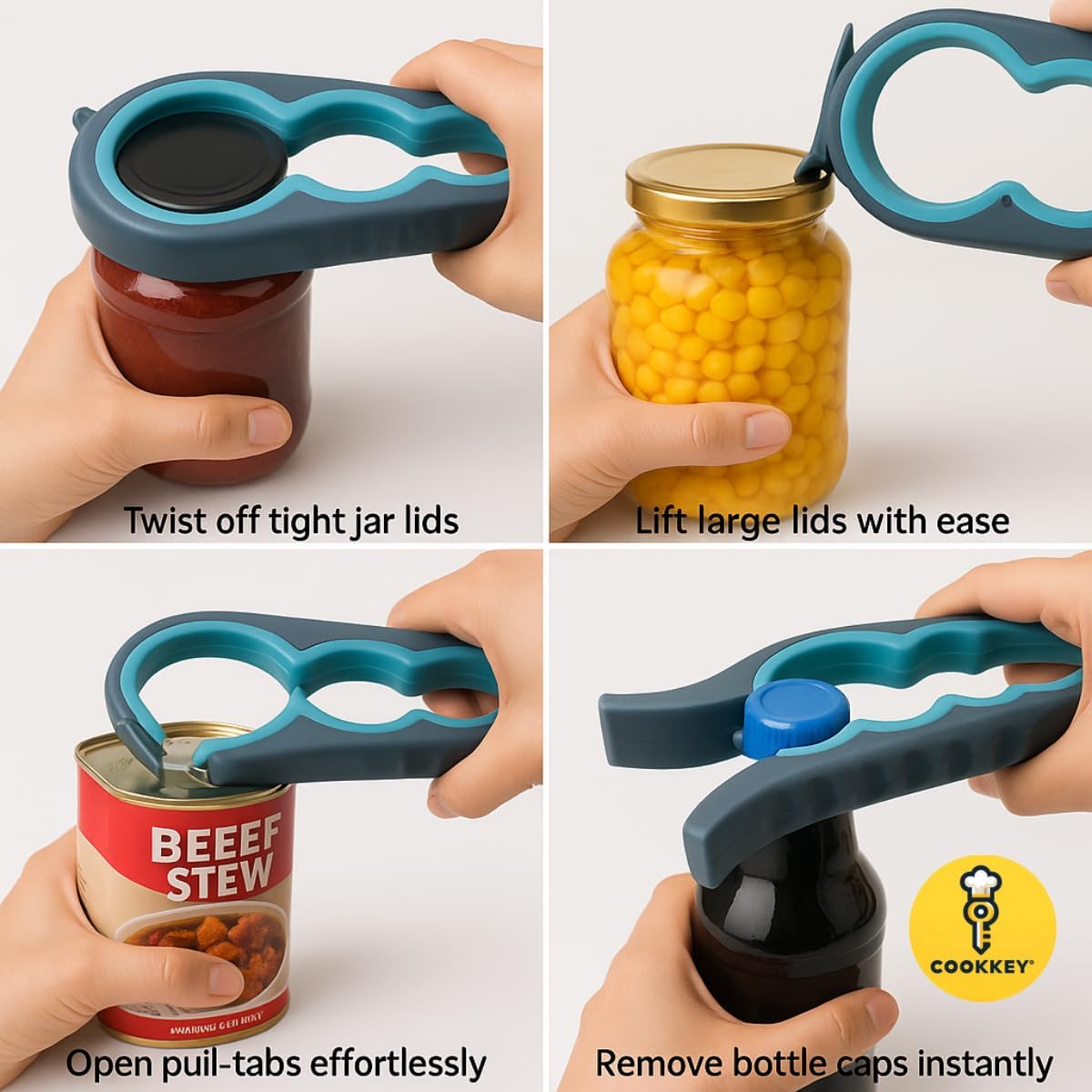 5-in-1 Jar Opener & Bottle Opener Set for Weak Hands – Easy Grip Lid Opener for Seniors and Arthritis, Multi-Function Kitchen Tool with Non-Slip Gripper Pads - COOKKEY