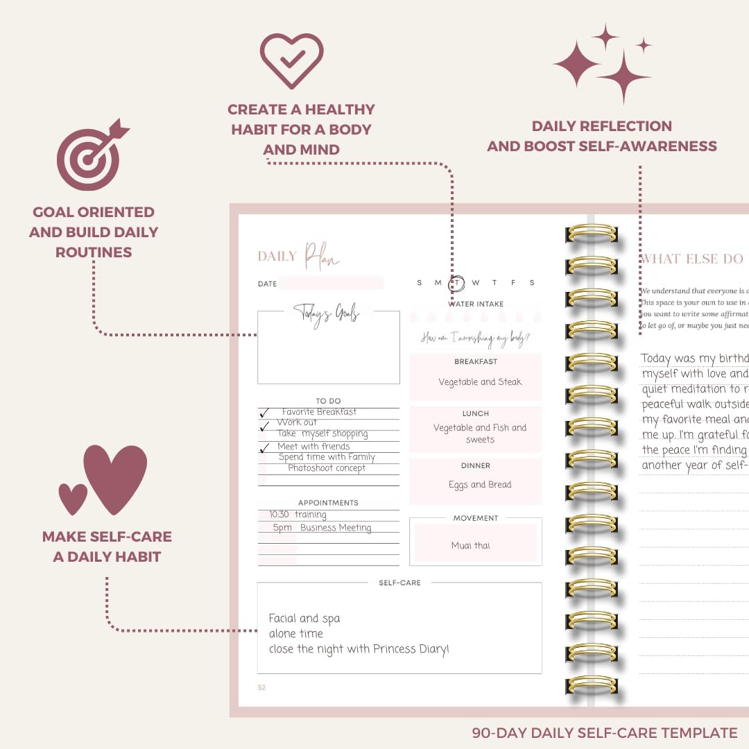 Daily Self Care Journal for Women - A5, Wellness Journal with Prompts - Goal Journal for Happiness,Mindfulness,Productivity & Personal Development - Reduce Stress & Improve Mental Health - Pink | Guided 90-Day Daily & Weekly, Undated Reflection Planner,