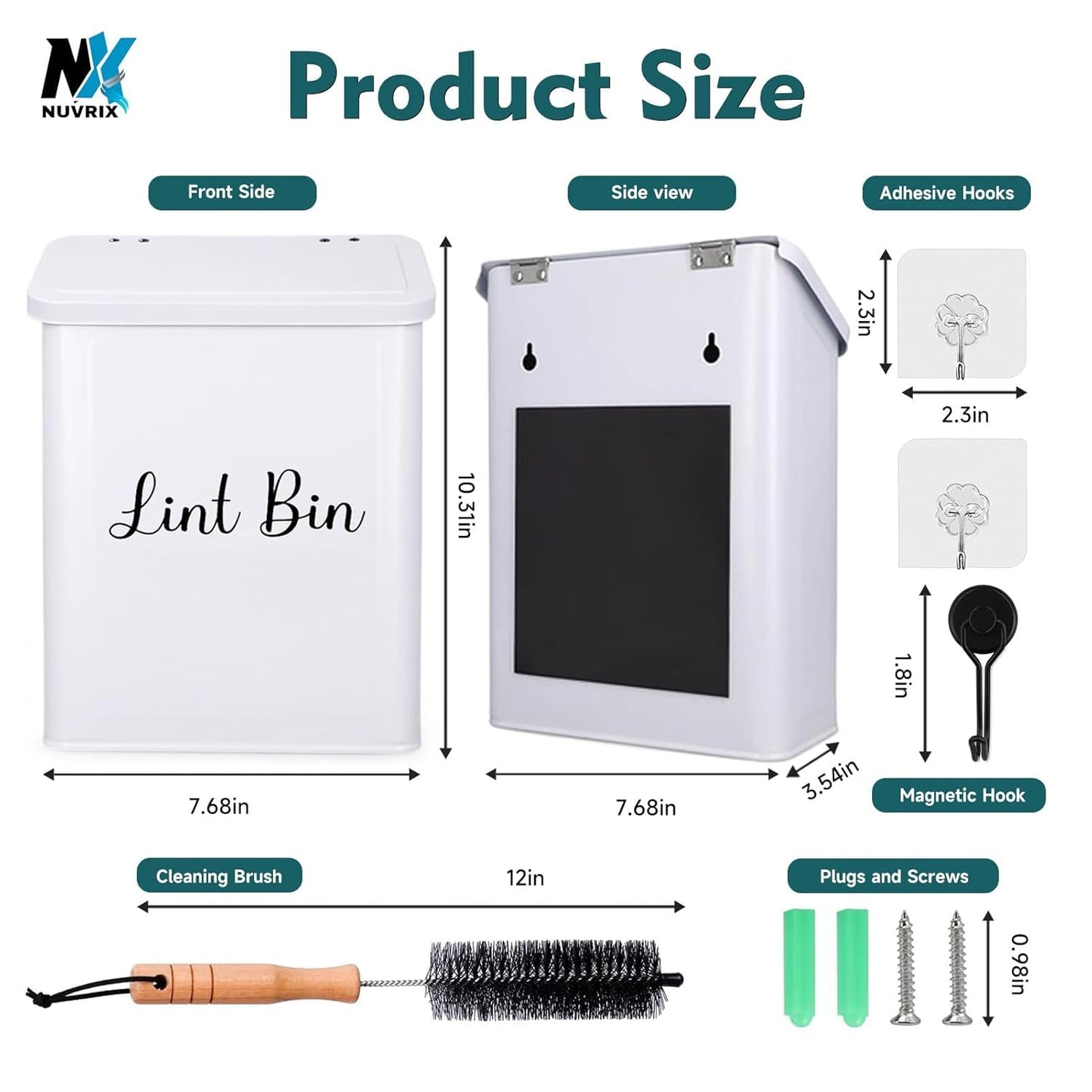 Magnetic Lint Bin for Laundry Room, Dryer lint bin Shiny White | galvanized metal body 1 Soft Lint Brush Included, 1 Magnetic Hook Included, 2 adhasive Hooks Included, Space-Saving